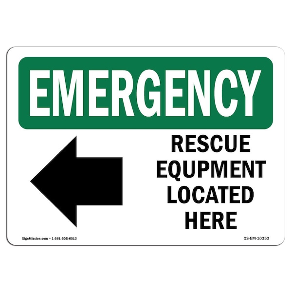 Safety Sign, OSHA EMERGENCY, 7" Height, Aluminum, Rescue Equipment Located Here, Landscape